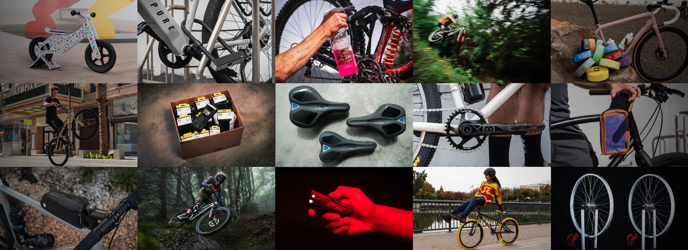 A grid of J&B product and shop photography: complete bikes, drivetrain and brake components, saddles and bars on the wall, and a wheel-build floor.