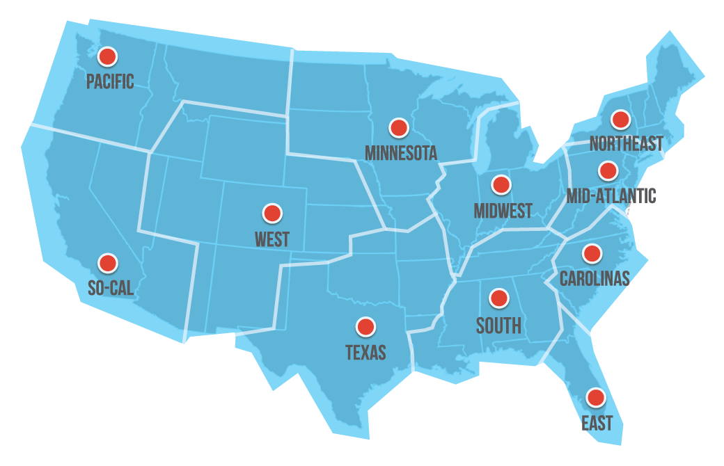 Map of the United States showing J&B's eleven warehouse regions: Pacific, SoCal, West, Texas, Minnesota, Midwest, South, Carolinas, Mid-Atlantic, Northeast and East.