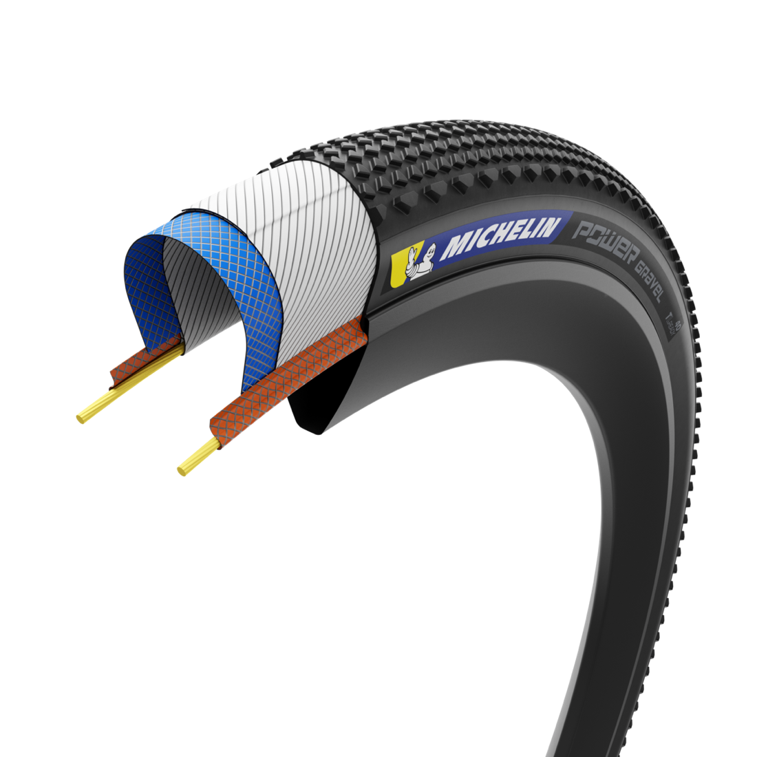 Cutaway diagram of the Michelin Power Gravel tire construction showing tread, protective belt, casing plies and bead
